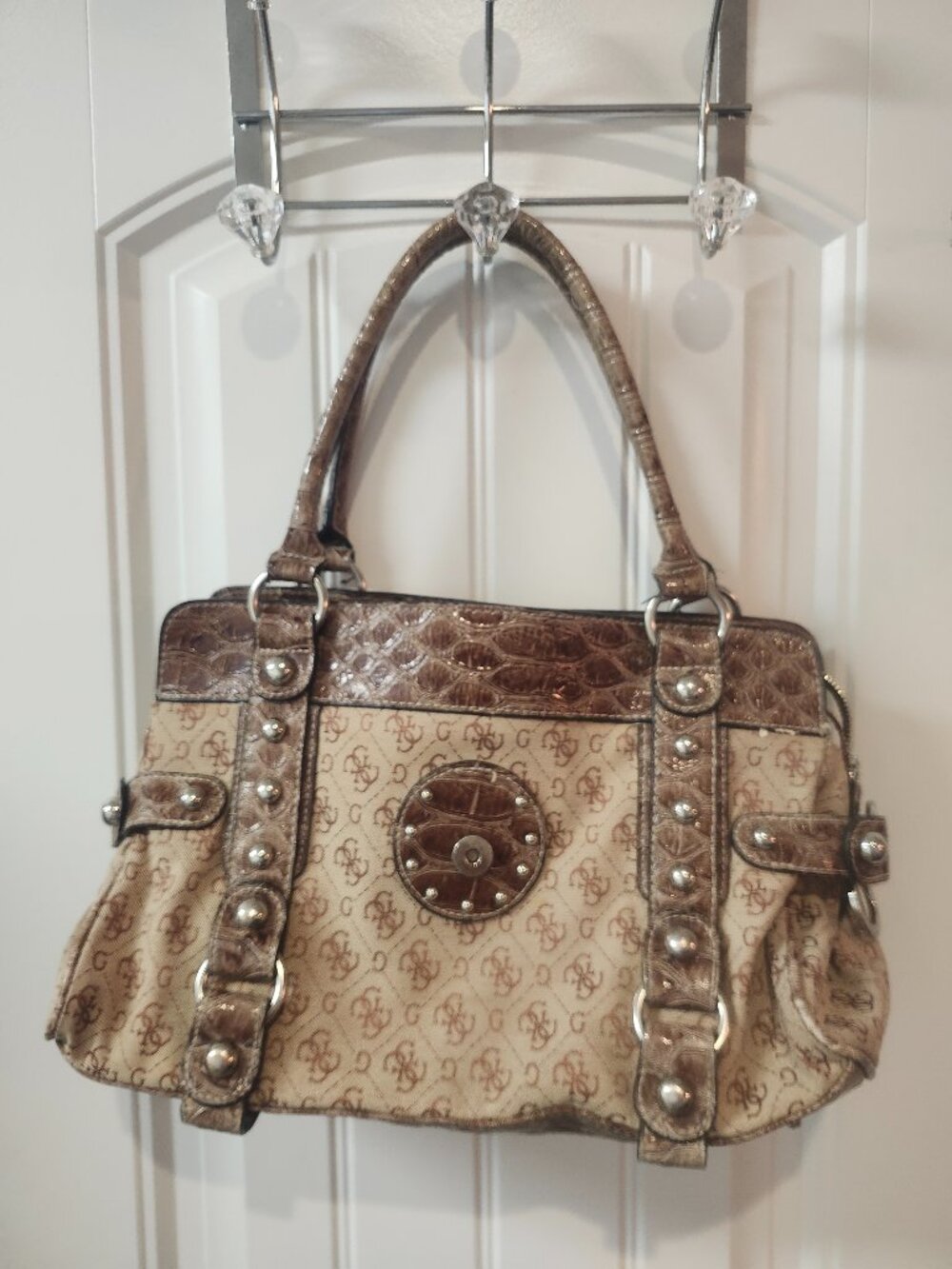 Y2K Guess Monogram Satchel Bag Brown Logo Print Faux Croc Studded McBling Purse